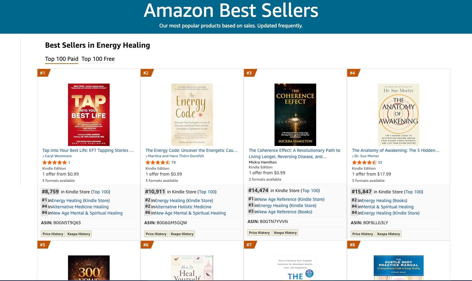 Amazon sales rank screenshot — #1 in Energy Healing, USA, with full ranking breakdown